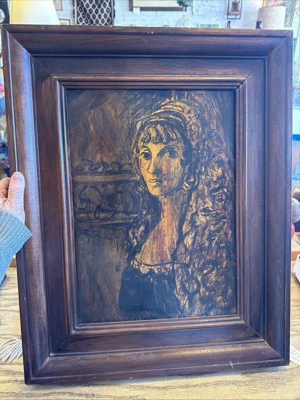 Antique Artwork Tonia Nagle Casey Ink/oil On Wood Of Lady
