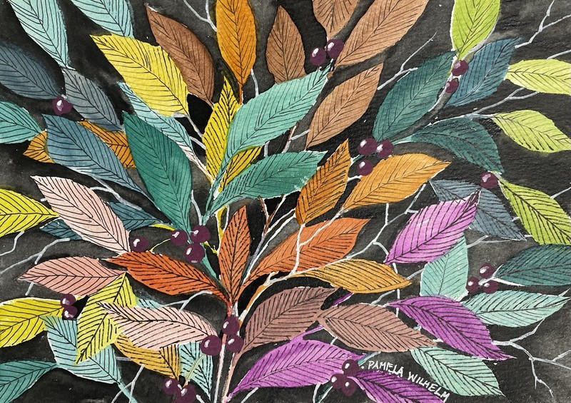 Pamela Wilhelm original 5.75×8.25 Watercolor & Ink Leaf Patterns Leaves Berries