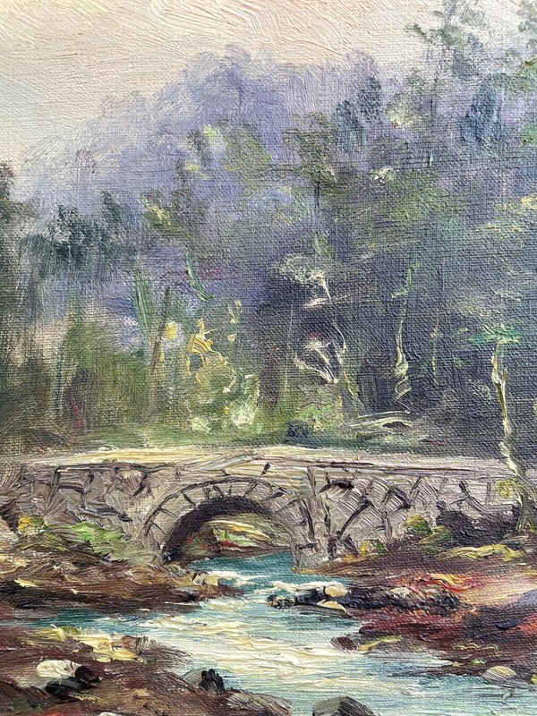 NATURALIST LANDSCAPE WITH RIVER BRIDGE BANK STONES TREES MOUNTAINS SKIES SWEDEN gallery