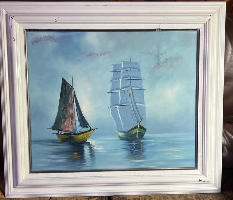 2 Ships Vintage Signed Painting 28 X 32
