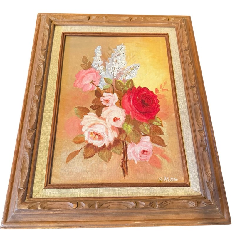 Signed R.Keller Flowers Original Oil Painting On Board Canvas Framed~ 19 x 15″