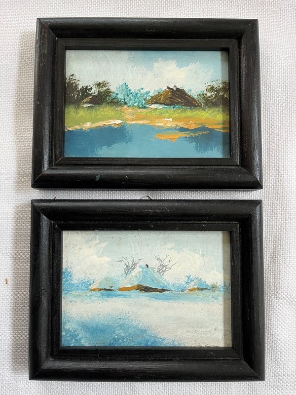 Vtg mini original impressionist oil paintings landscape Haystacks framed 2 pc