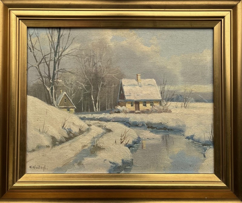 Impressionist Carl Veilsø Snowy Winter Landscape House And Stream Oil Painting gallery