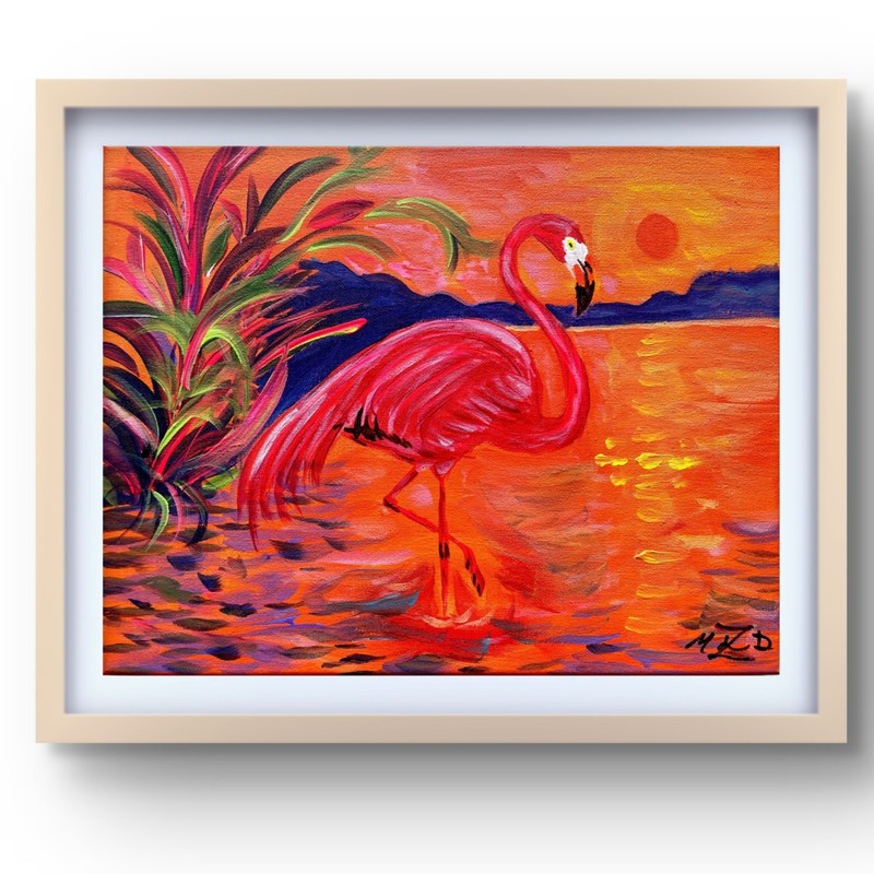 Original 11x14 Signed Pink Flamingo at Sunset Colorful Art Decor gallery