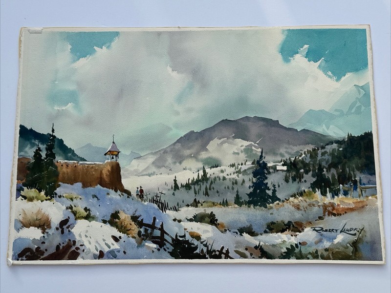ROBERT LANDRY PAINTING LANDSCAPE MISSION WINTER LISTED FAMOUS VINTAGE 22 INCHES