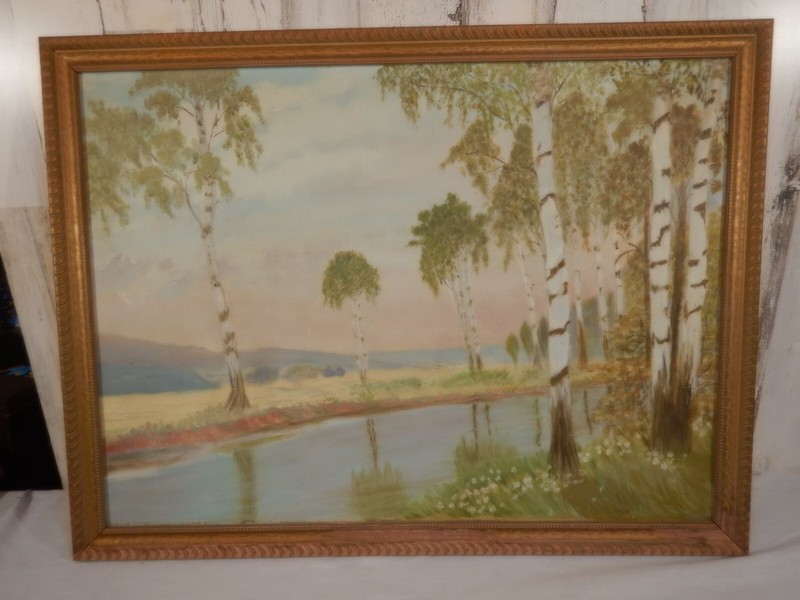 Vintage oil on canvas White Birch Trees and Lake landscape painting