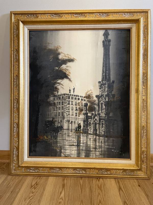 Lawrence Monier Chicago Water Tower With Carriage Oil Painting On Canvas Signed!