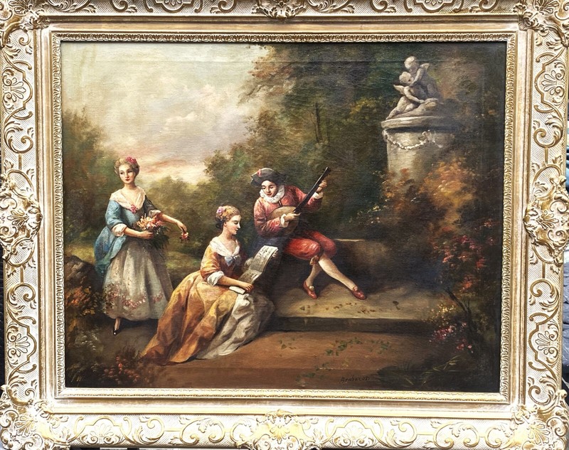 Antique from late 19th C. French Original O/C «Music Lesson» Signed Brabazon!