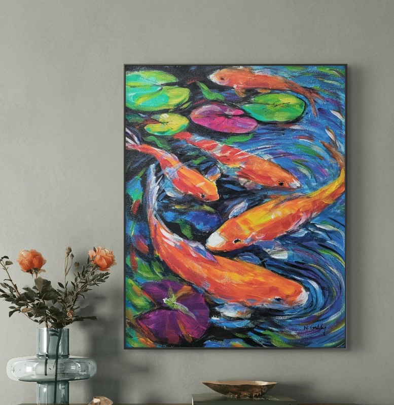 Original Abstract Expressionism Colorful Koi Fish 14 x 11 Canvas Wall Painting gallery