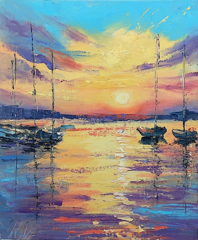Seascape sunset oil painting 10x12" handmade orange blue sky sailboats Reflect gallery