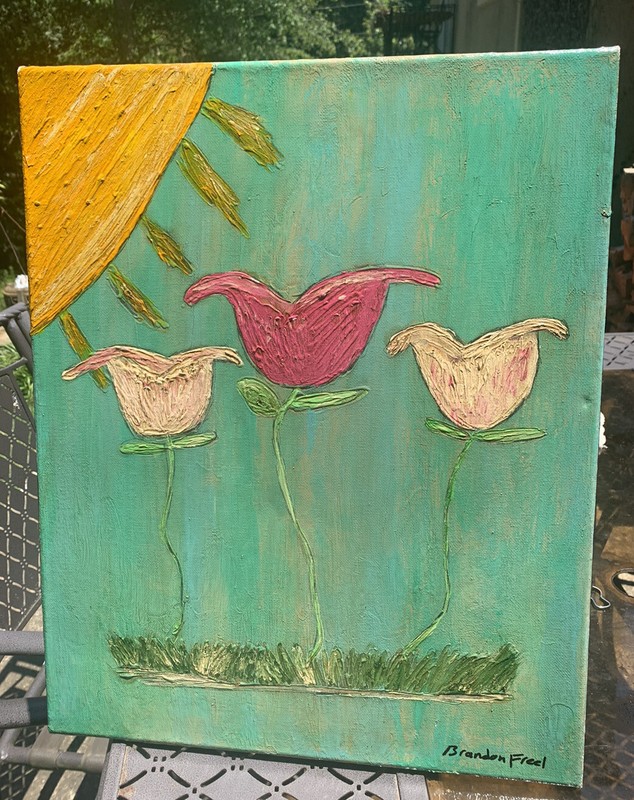 Modern Contemp ‘16 Sun Shine & Pink Trio Tulips OOC Floral Signed Flowers 16X20”
