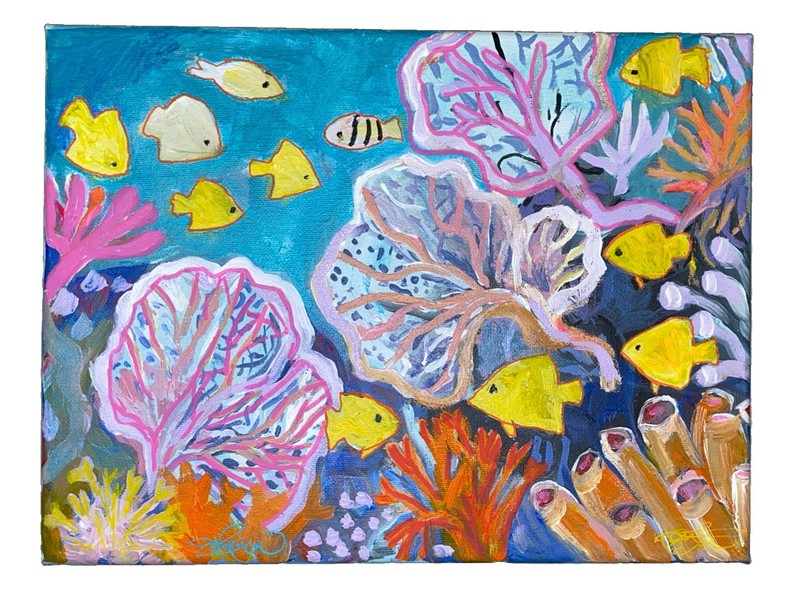 Fan Coral Fish, 9×12”, Acrylic/Canvas,Signed, Handmade, COA