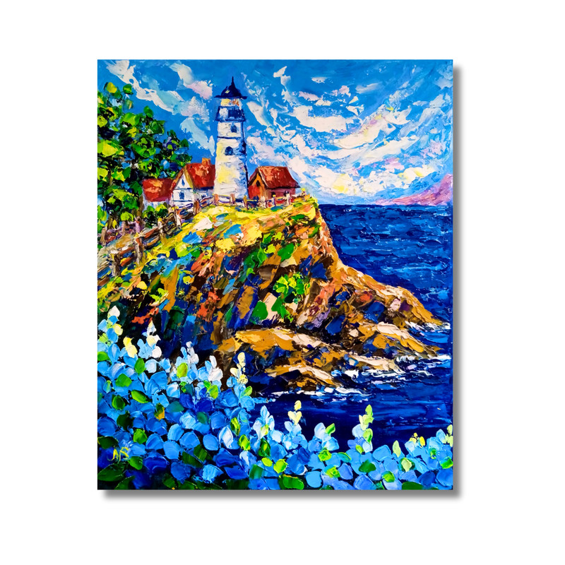Original Oil Painting Lighthouse Portland Maine Nautical Art 12×9.5″