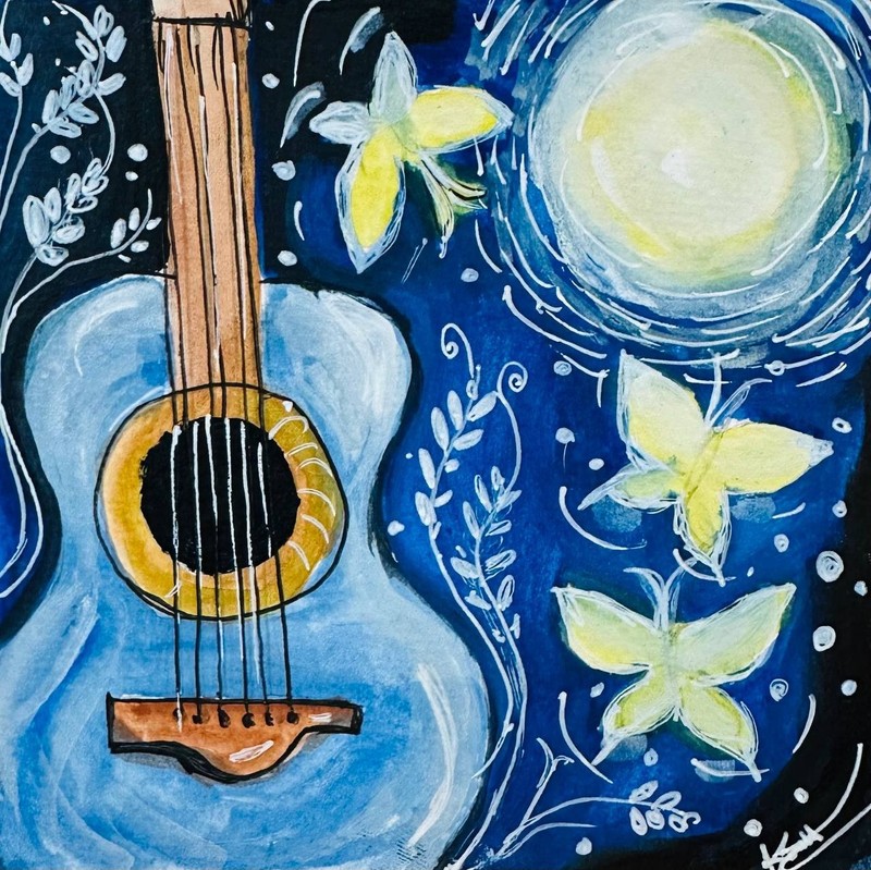 ACEO Original Acrylic Painting Blue Guitar Moon Night Butterfly Art 10cm*10cm