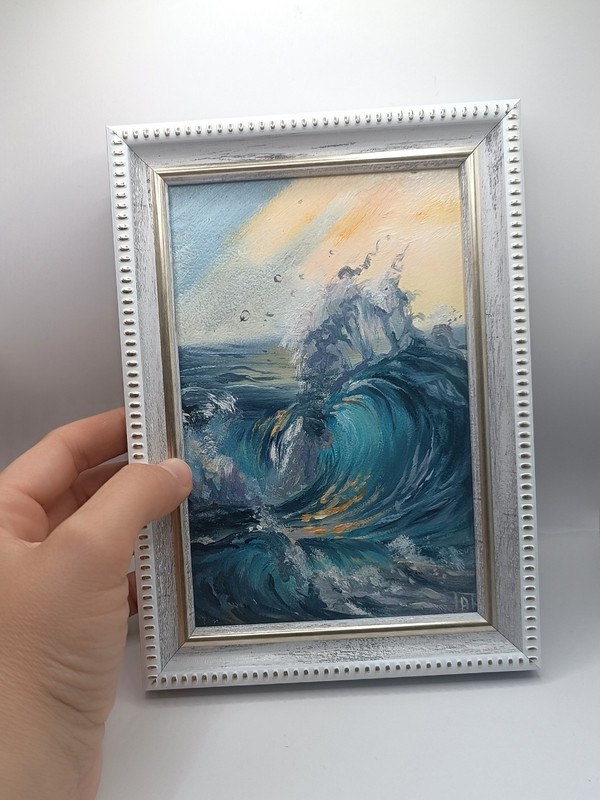 Original Miniature Ocean Wave Oil Painting Framed Seascape Sea Foam Art 4x6 gallery