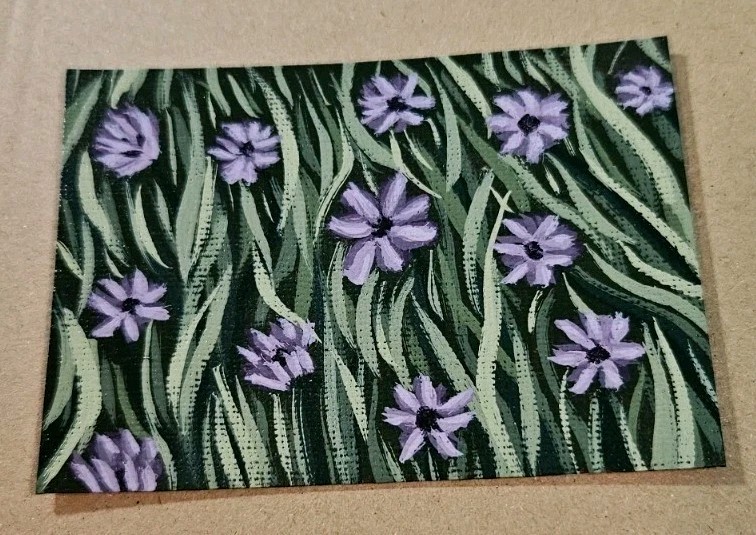 ACEO Purple Flowers In Grassy Field Original Painting Acrylic On Paper Signed