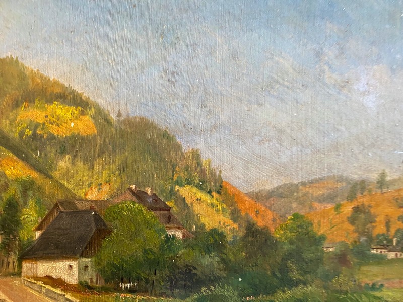 OIL PAINTING VIEW OF VILLAGE ON HILLY LANDSCAPE WITH FORESTS IN LATE SUMMER gallery