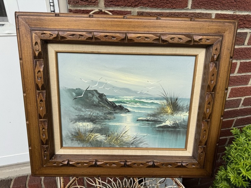 Vintage Oil Painting G. Herbert Signed, Amazing Engraved Wood Frame 16”x12”