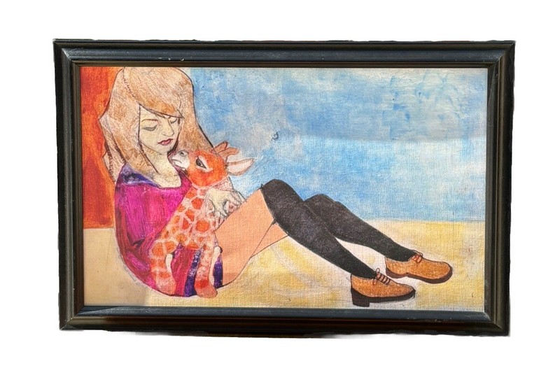 Kitschy Art Girl Baby Giraffe Framed By Wesley Pacleb