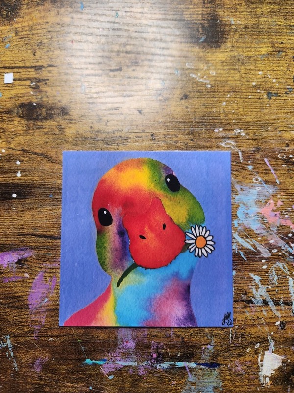 Original Watercolor Rainbow Duck with flower 4x4 *Art Print. gallery