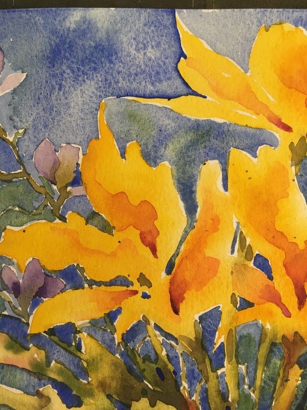 Original Watercolor 8”X10” Yellow Lilies Purple Blooms Floral By Pamela Wilhelm gallery