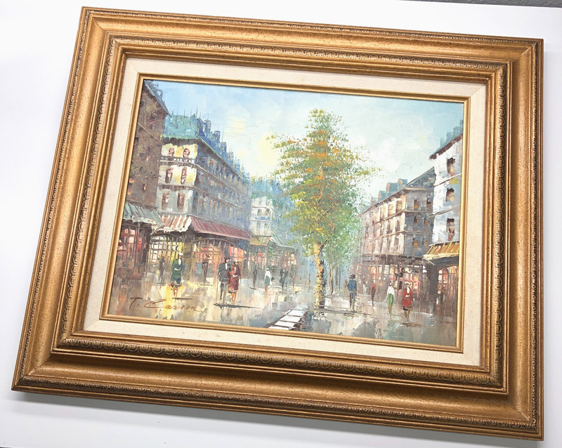 Vintage T. Carson Textured Framed Oil Painting Canvas Signed Parisian Street