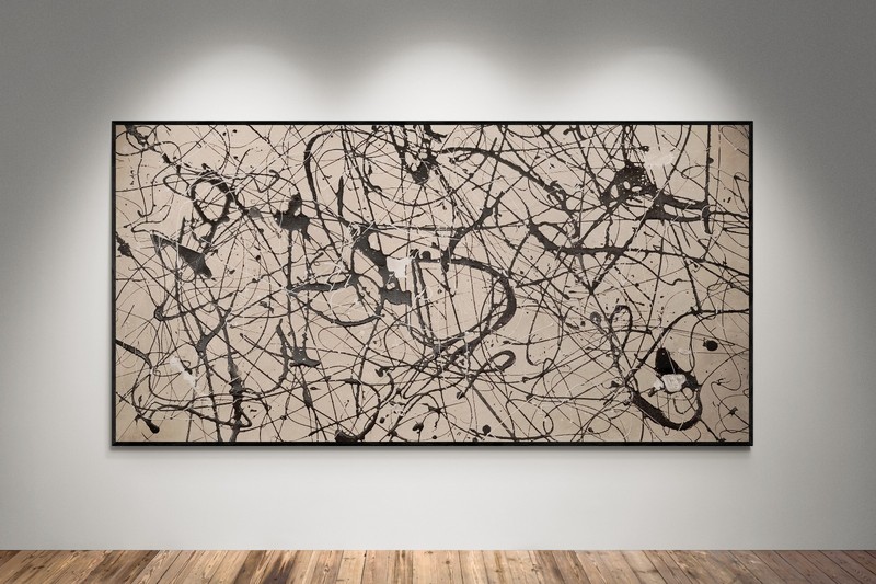 XXL Jackson Pollock Style Beige & Black Abstract Art Textured Painting 59×29 in