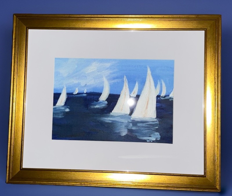 Seascape Sailing Acrylic Painting On Canvas In Gold Frame. 10×12