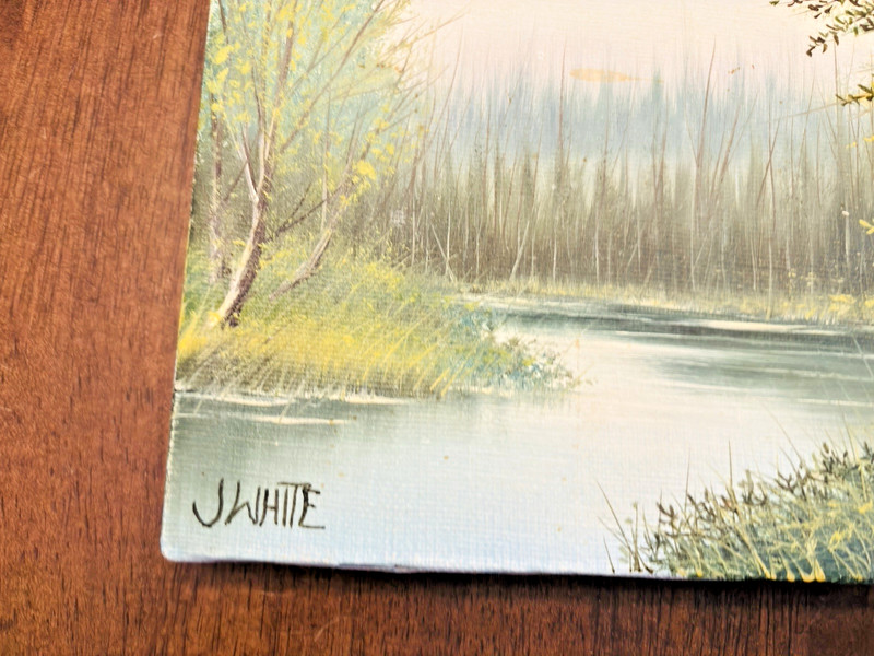 Oil Painting on Canvas Outdoor Scene River Trees Signed J. White 8 In x 10 In gallery