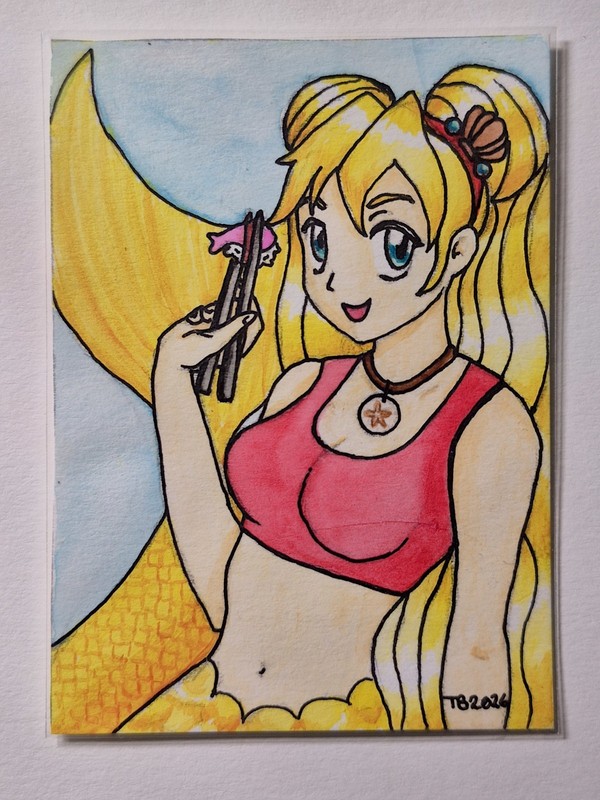 ACEO Anime Golden Mermaid Original Watercolor Painting Goodluck Fantasy Cryptid