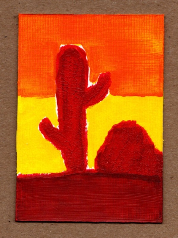 ACEO Original Painting Folk Art Desert Sun Cactus OOAK