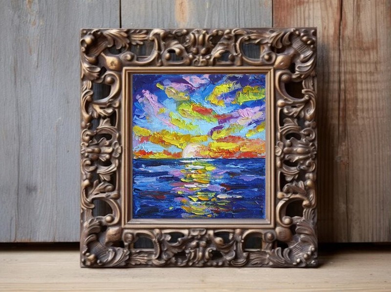 Original oil painting Sunset in the sea small size 20x20cm impasto style