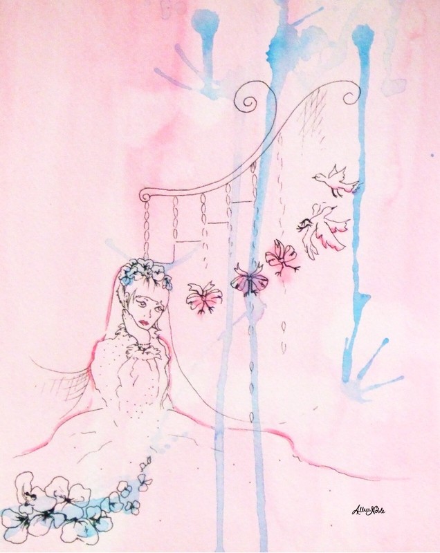 8×10 Original Watercolor & Ink Retro Pink Blue Flower Crown Veil Dreams Floral