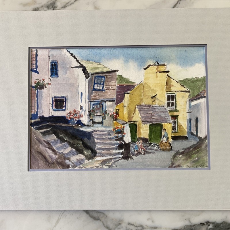 Deirdre Henty-Creer (British 1928-2012) Watercolor Street Scene with Family, Dog gallery