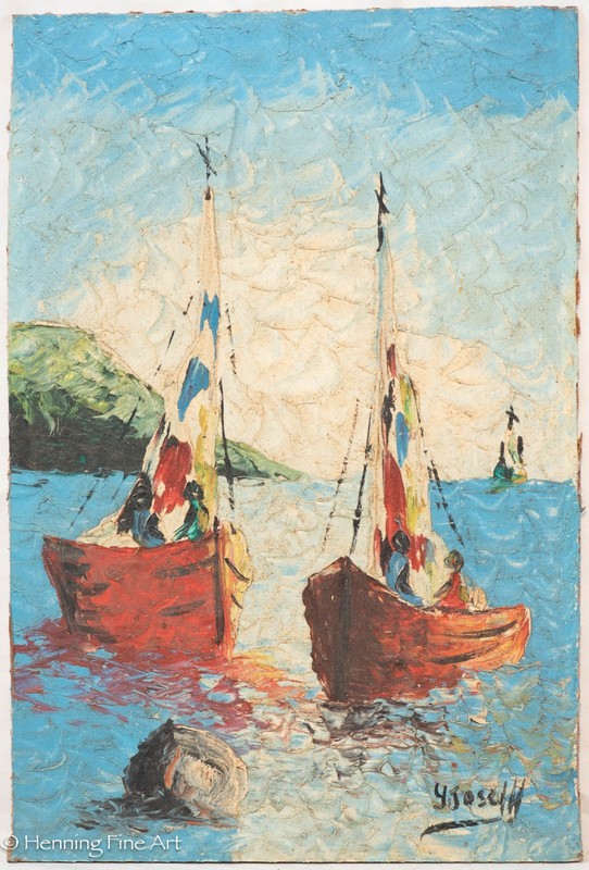Mid Century Impasto Painting of Twin Red Sailboats Signed «G. Joseph» 15×10″