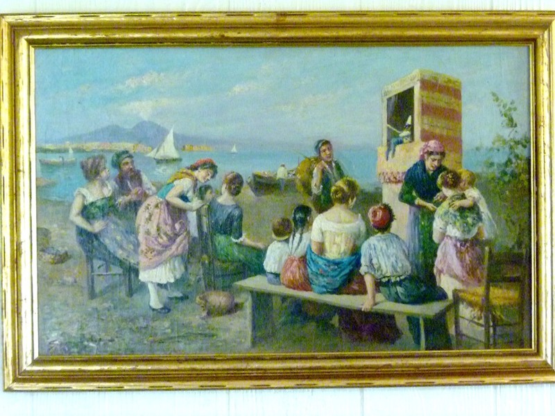 ANTIQUE Italian SCOGNAMIGLIO Oil Painting PUNCH & JUDY Puppet SHOW Naples Italy
