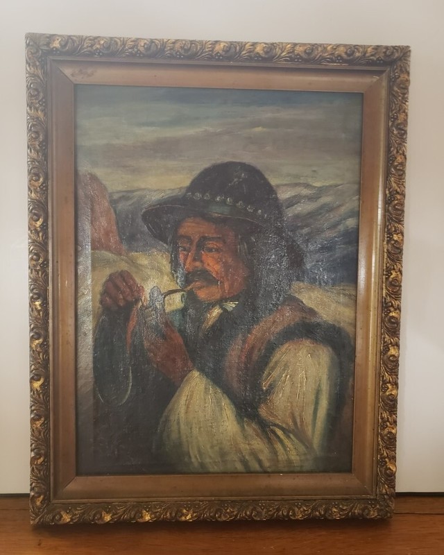 Vintage Gilt Wood Framed Oil on Canvas Man Smoking Pipe, Signed