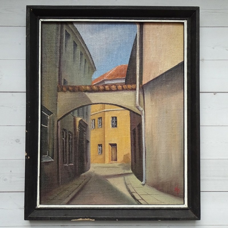 Architectural Oil Painting Old World City Street Buildings Signed MB 12.75x10.5 gallery