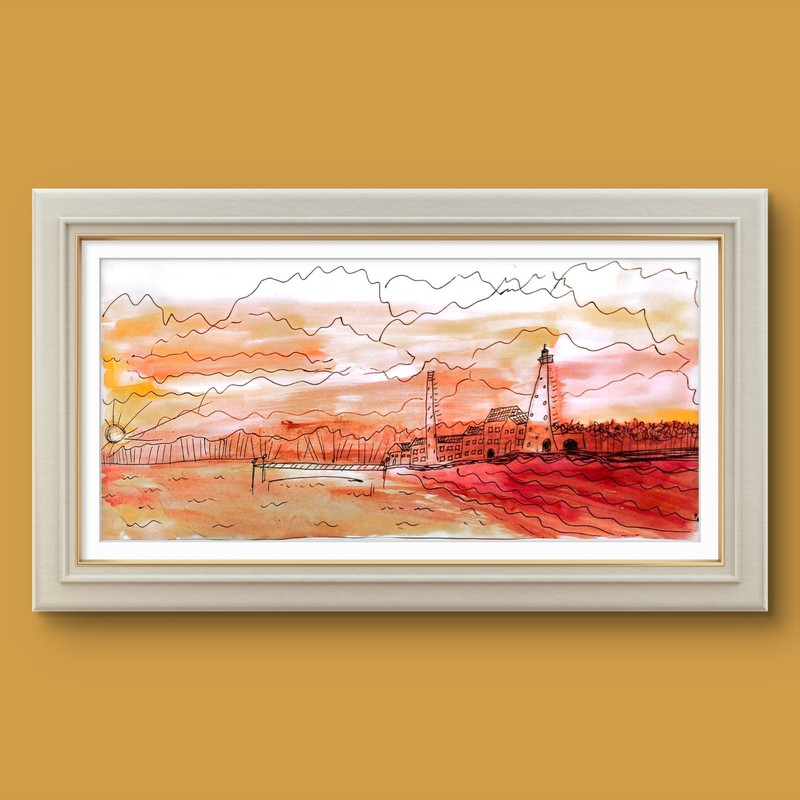 Sunset Lighthouse Original 7x15 Watercolor Painting Signed Wall Art Home Decor gallery