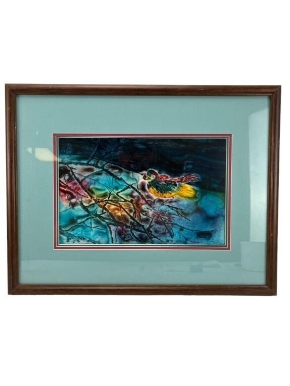 Margie McAvoy original signed acrylic art bird, framed and matted w/ glass
