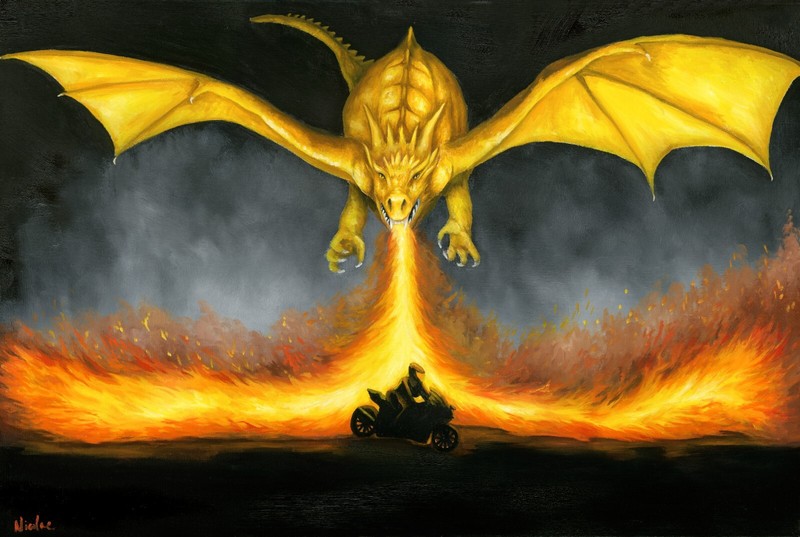 Original Dragon Fantasy art oil painting On Canvas The Chase motorcycle 24×36