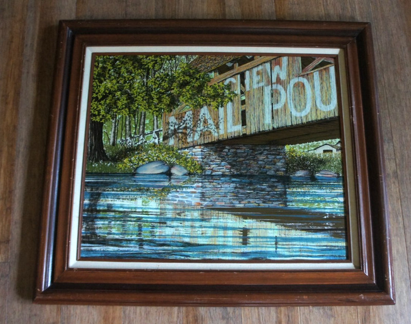 Rural Bridge signed Hargrove Framed Canvas Serigraph Mail Pouch Bridge 20”x24”