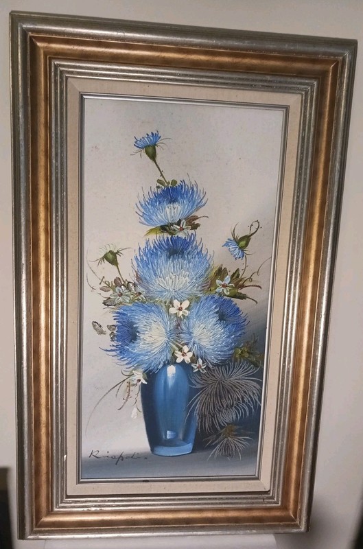 Signed Rispoli (1921-89) 12″x24″ Framed Original Oil Painting, Floral Still Life