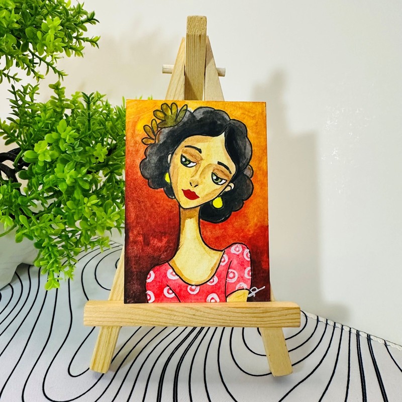Girl Portrait Warm Colors ACEO Original Acrylic Painting Modern Face Stylish Art gallery