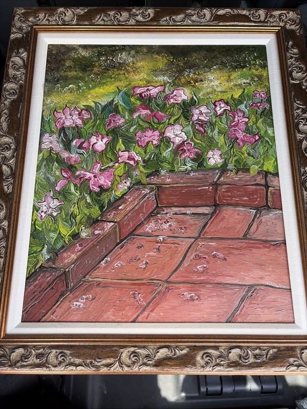 Felix DeTrolio Original Oil Painting Pink Floral Garden Landscape Framed Signed gallery