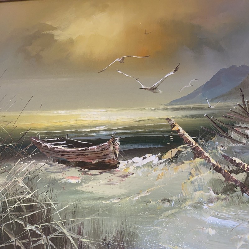 1970’s Oil Painting Seascape Beach Boat Nautical Seagulls Shore 31” X 27” Large gallery