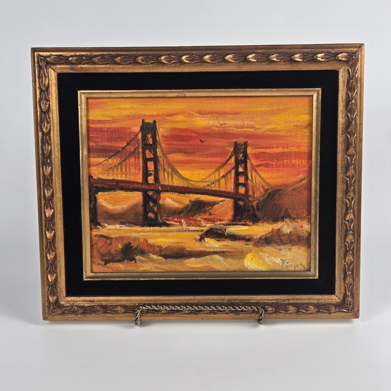 Signed Golden Gate Bridge Sunset Acrylic Painting Framed Art 13.75×11.5