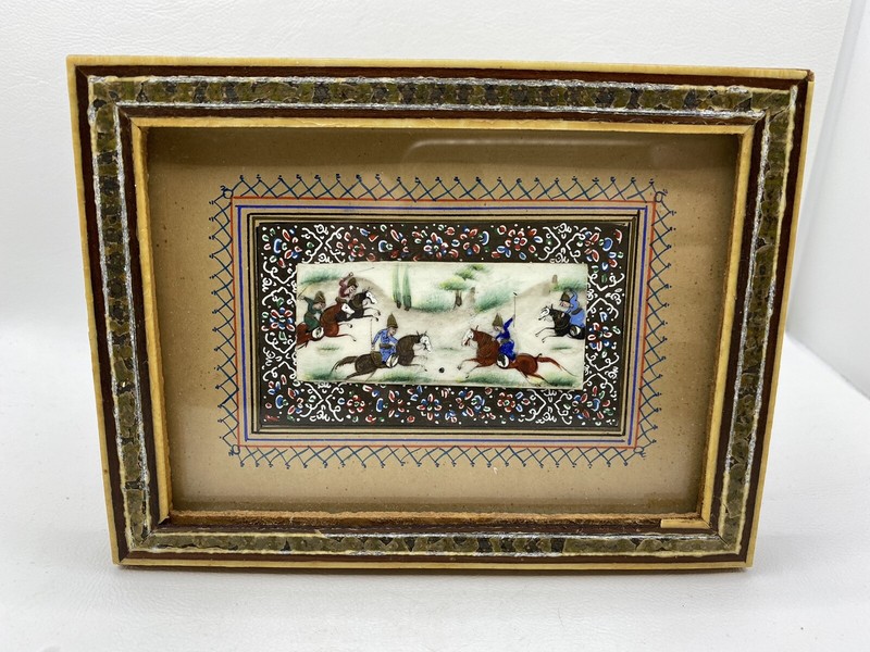 Persian Hand-Painted Suratgari Bone Marquetry Khatam Framed Watercolor