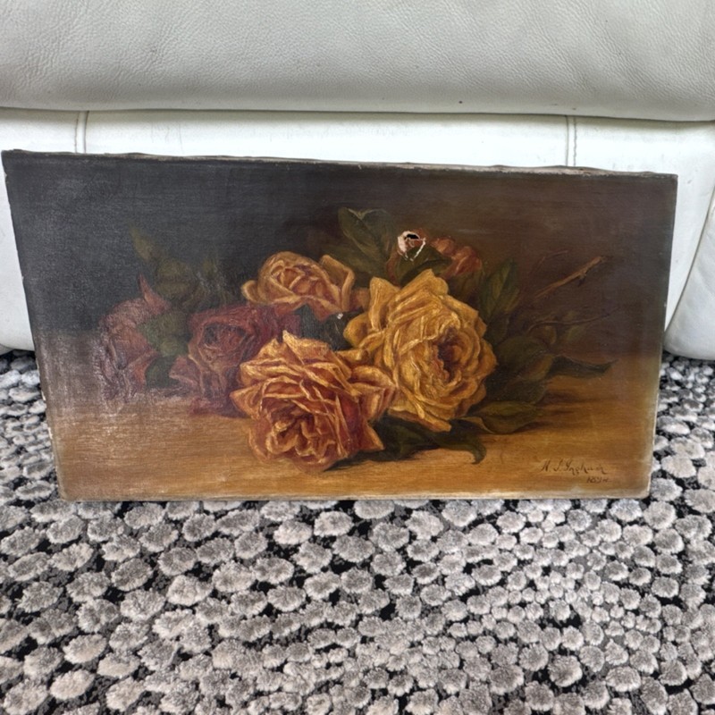 ANTIQUE N.J. Ingham Signed 1894 Roses Still Life Painting on Canvas Unframed