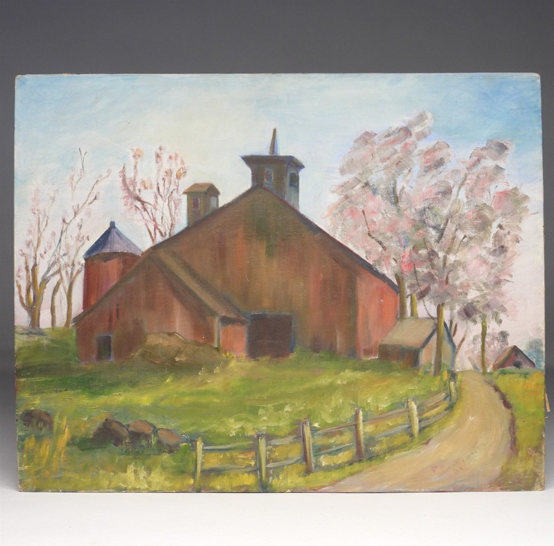 1962 Dorothy Smith Folksy American Red Barn in Farm Yard O/B Painting